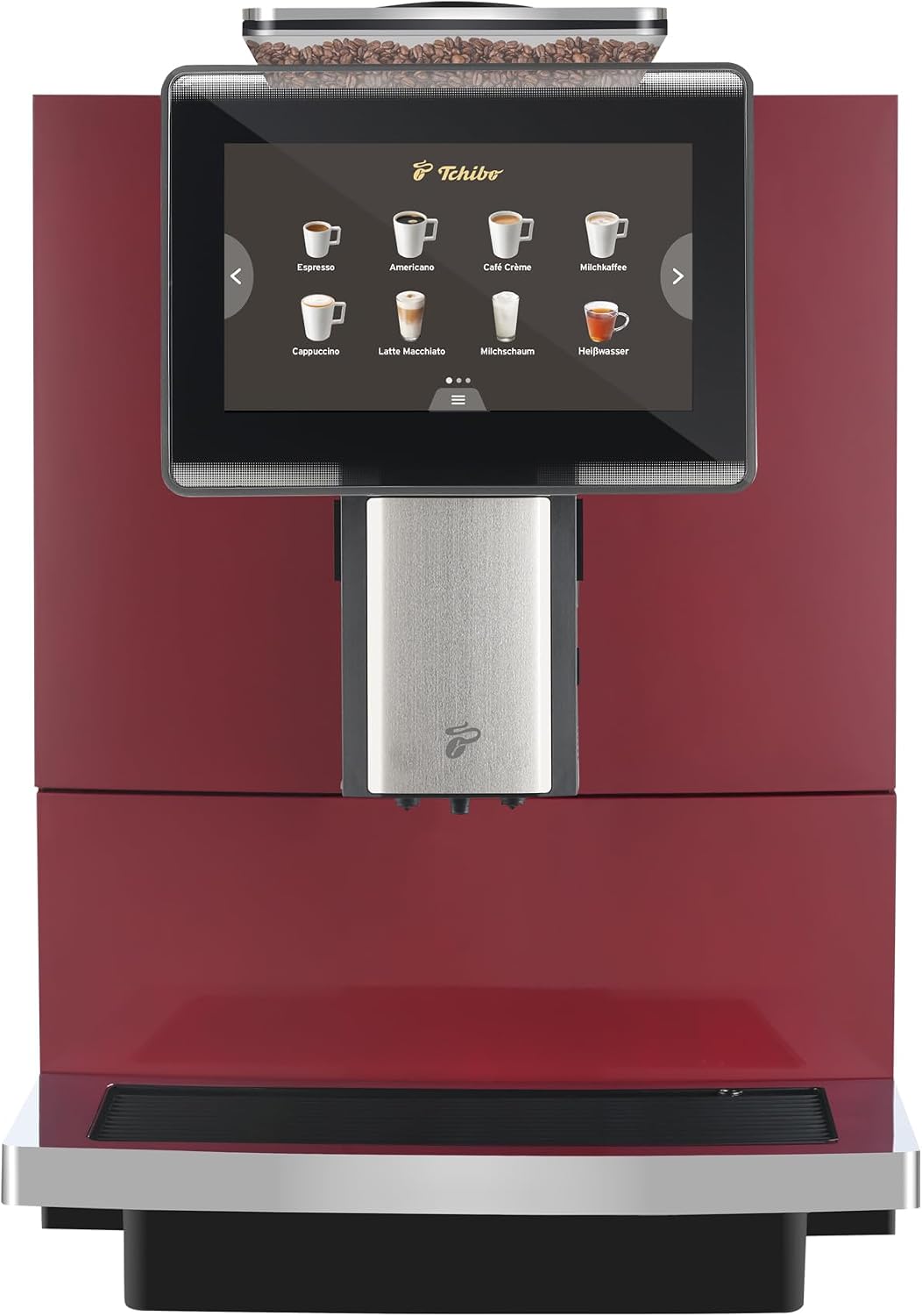 Tchibo Office Kaffeevollautomat mit Wasserfilter, 2 L Wassertank, Keramikmahlwerk, Farb-Touchdisplay, 1500 Watt, cremige Milchschaumfunktion, Rot