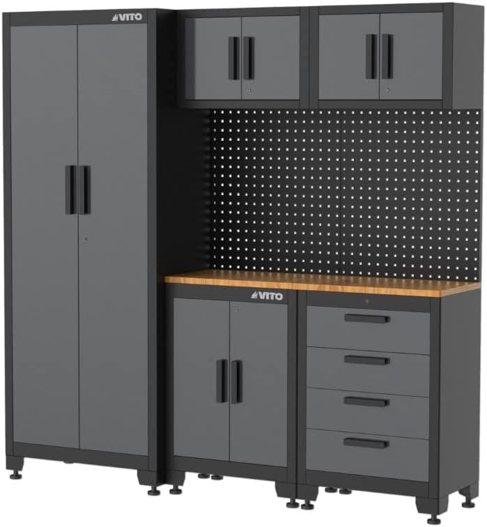 VITO Männerküche, 8-TLG Werkstatteinrichtung Set mit Schubladen ca. 195 x 50 x 200 cm, Werkbank mit Holzarbeitsplatte, Garage Werkstatteinrichtung