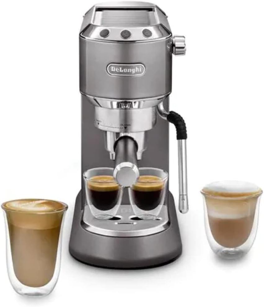 De'Longhi Dedica Arte EC885.M, Manuelle Kaffeemaschine mit MyLatteArt Dampfstab, Passend für Tassen bis 13 cm, 15 cm Breite, Kompakt, Metall
