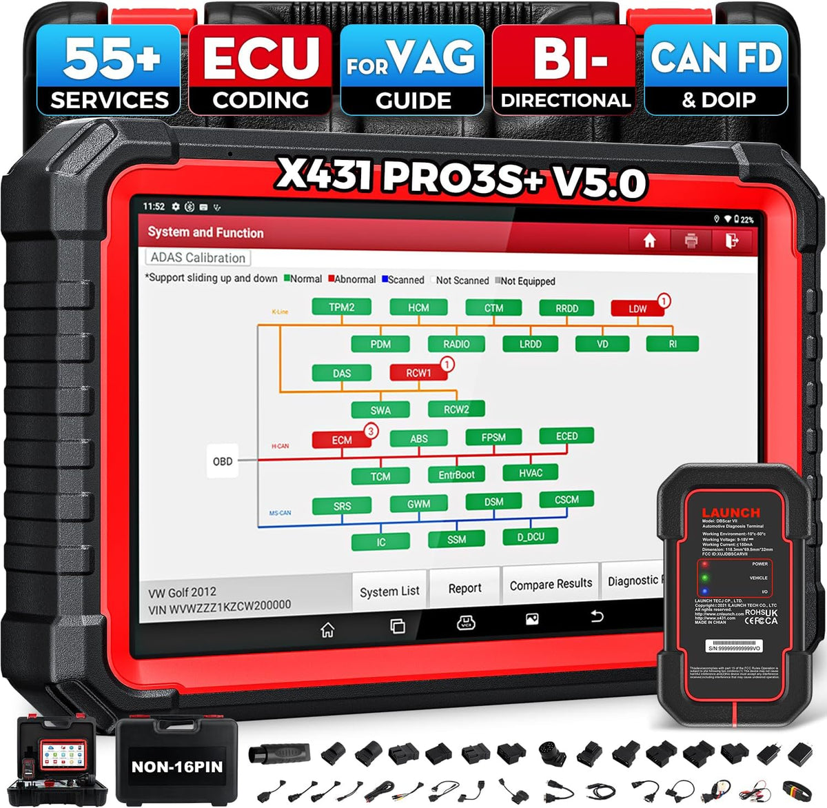 Launch X431 PRO3S+ V5.0 OBD2 Diagnosegerät OE-Level voll System Scanner mit ECU Codierung, FCA Diagnosegerät Auto mit 55+ Reset Service, ABS, Öl, EPB