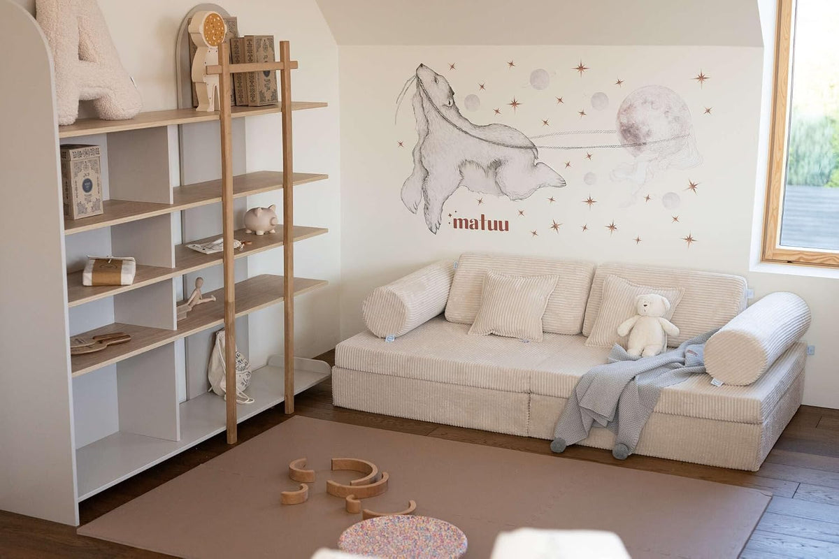 Mimii Comfort Spielsofa für Kinder aus Schaumstoff & Cord in Beige, Schlafsofa für Kinderzimmer, Modulares Kindersofa, Waschbarer Bezug