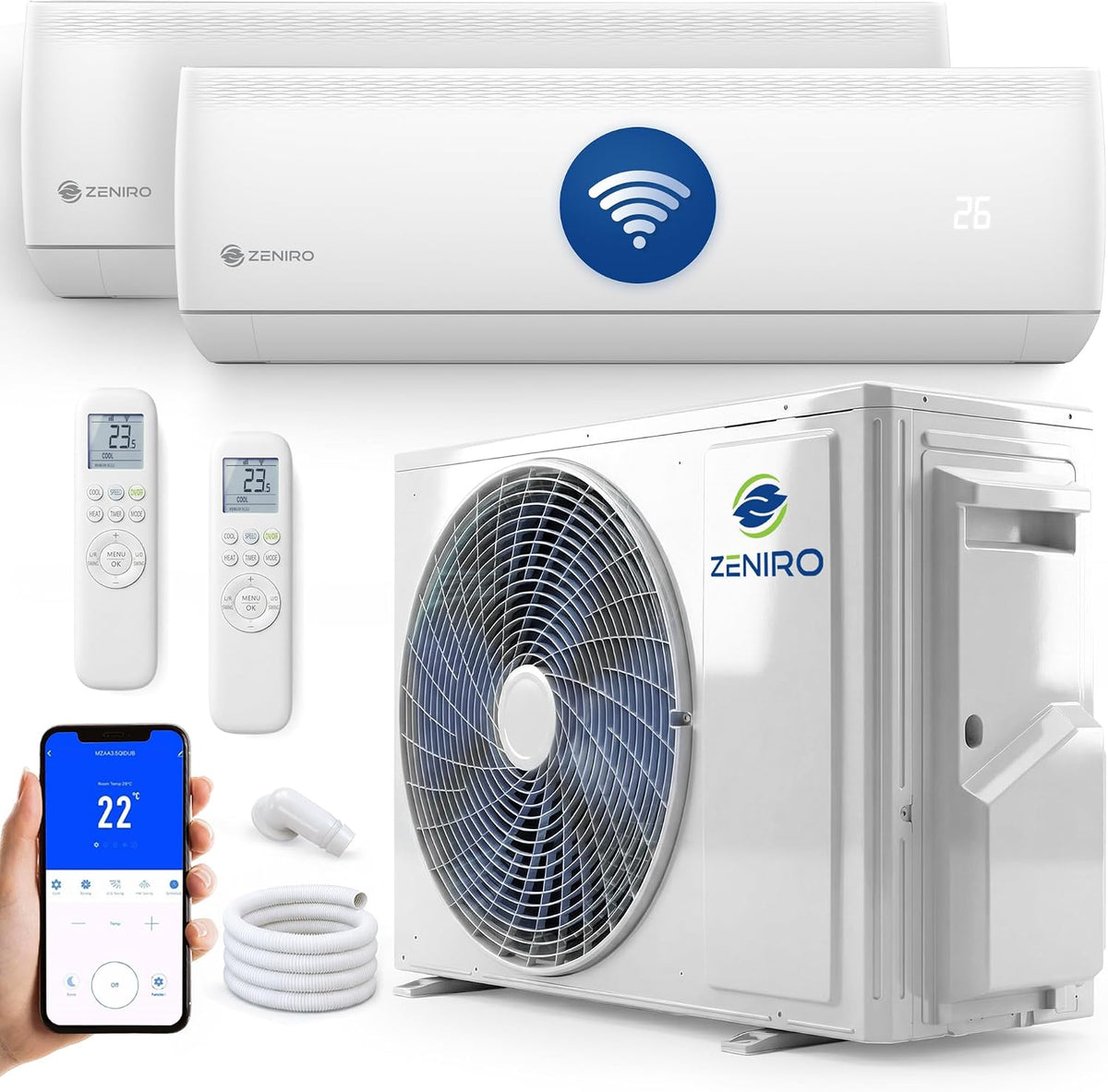Multisplit Klimaanlage 2 Innengeräte Set (2.6kW + 5,3kW) Klimagerät Air Conditioner mit Heizfunktion 21000 BTU 6,2kW A++ WiFi/App-Steuerung 4D AirFlow