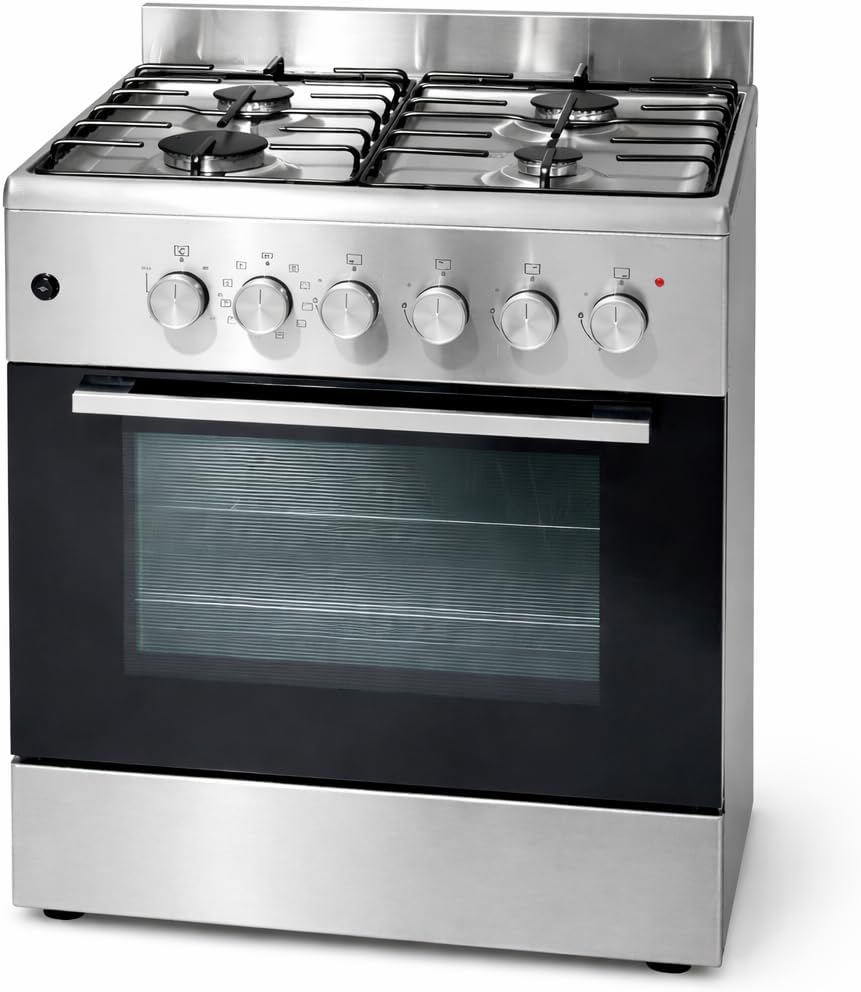 Gasline SHGE6060INX Standherd 60 cm Edelstahl mit Elektrobackofen, 4-flammigem Gaskochfeld, Grill und Drehspieß, für Erdgas und Flüssiggas geeignet