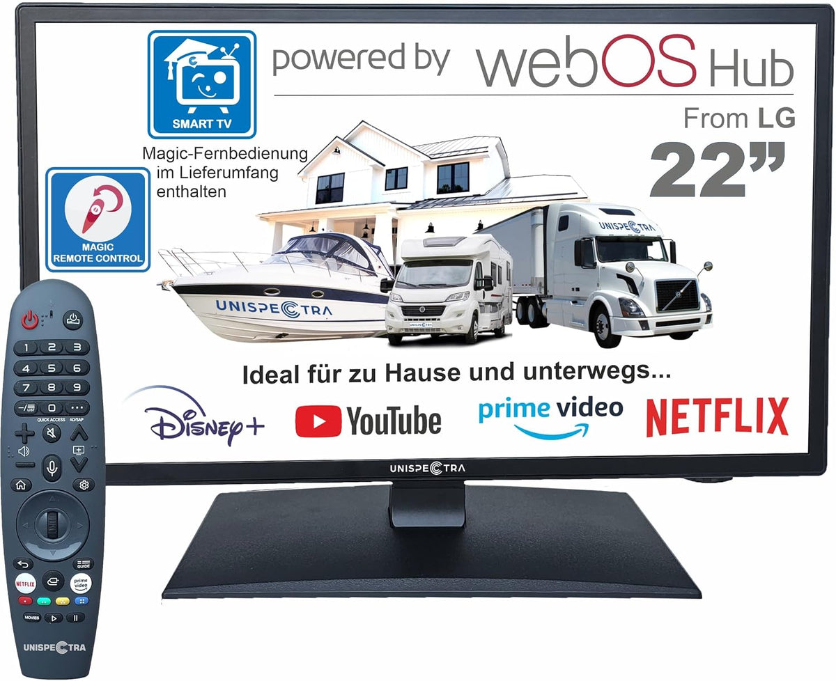Unispectra 22' Smart TV (webOS) Full HD 230V 24V Triple Tuner: Satellit, Magic Remote. 12V Fernseher für Wohnmobile, 3xHDMI, 2xUSB, Antenne, Kabel TV