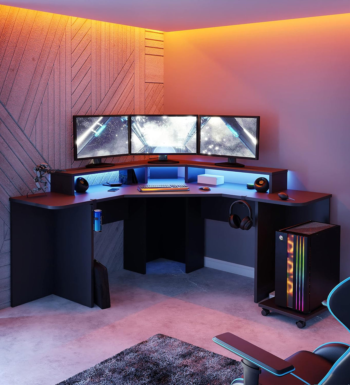Forte Tezaur Eckschreibtisch für Gamer inkl. RGB-Beleuchtung, B x H x T: 160 x 91 x 160 cm, Holzwerkstoff, Mattschwarz