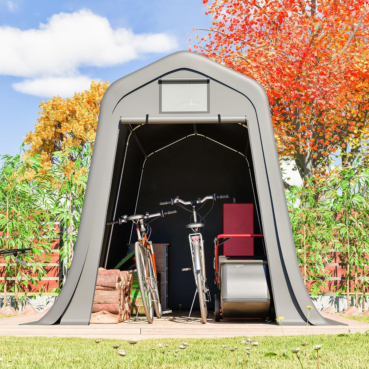 Geräteschuppen Metall 8x4 Fuß, Gerätehaus mit Fundament, wetterfest als Fahrradgarage für 2-3 Fahrräder, Mülltonnenbox & Gartengerätehaus, Braun