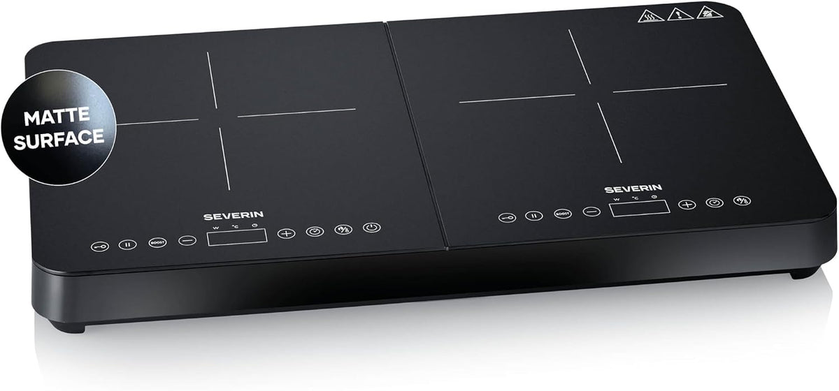 Severin Induktionskochfeld, Temperaturbereich 60-240°C, 3.400 W, 2 Platten, 10 Leistungsstufen, Touch-Display, matte Kochplatten, schwarz, DK 1028