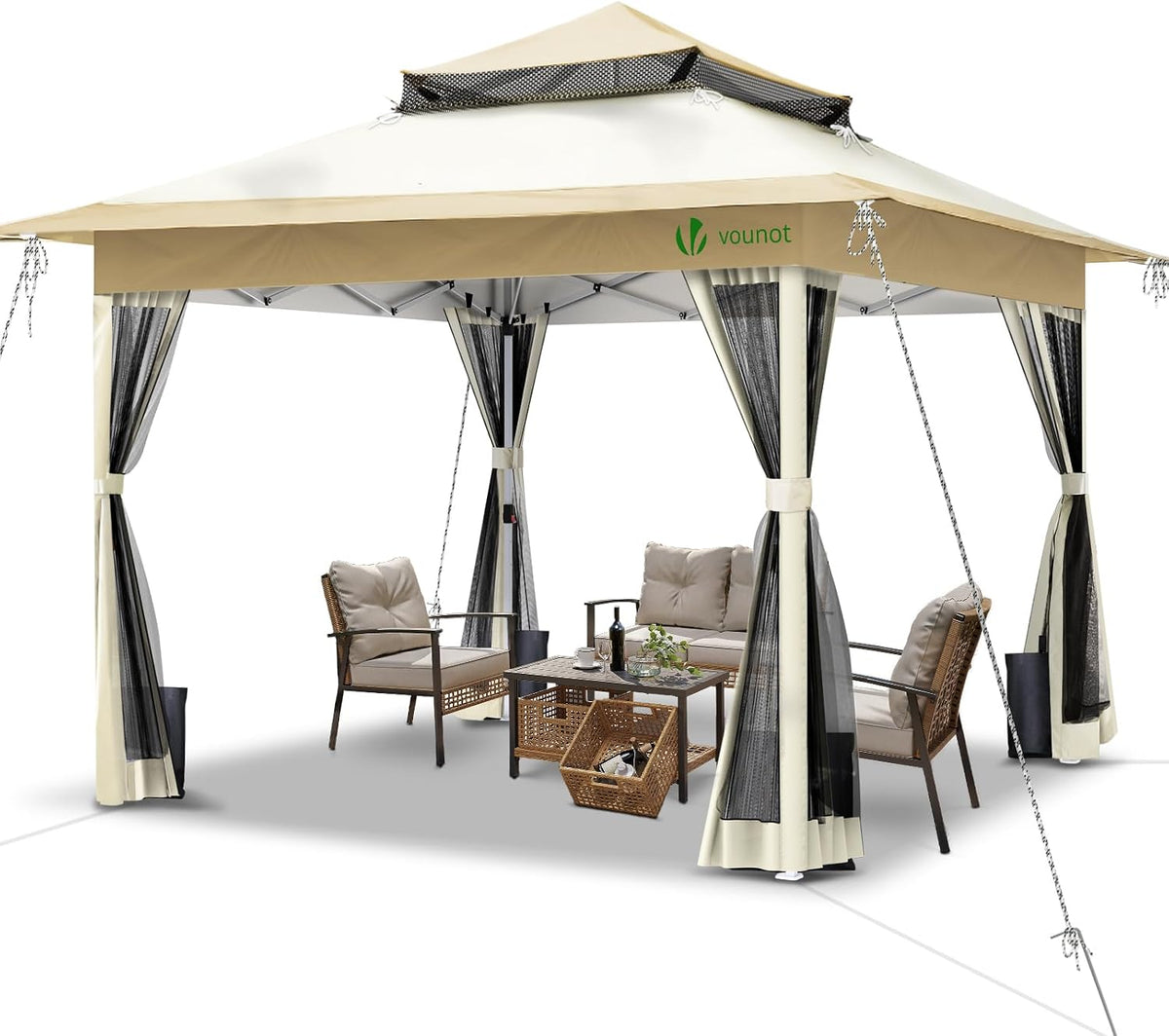 VOUNOT Pavillon Faltbar 3.6x3.6m, Pop Up Faltpavillon mit 4 Seitenteilen/Moskitonetz, Gartenzelt Partyzelt Gartenpavillon mit 4 Gewichte, Tasche