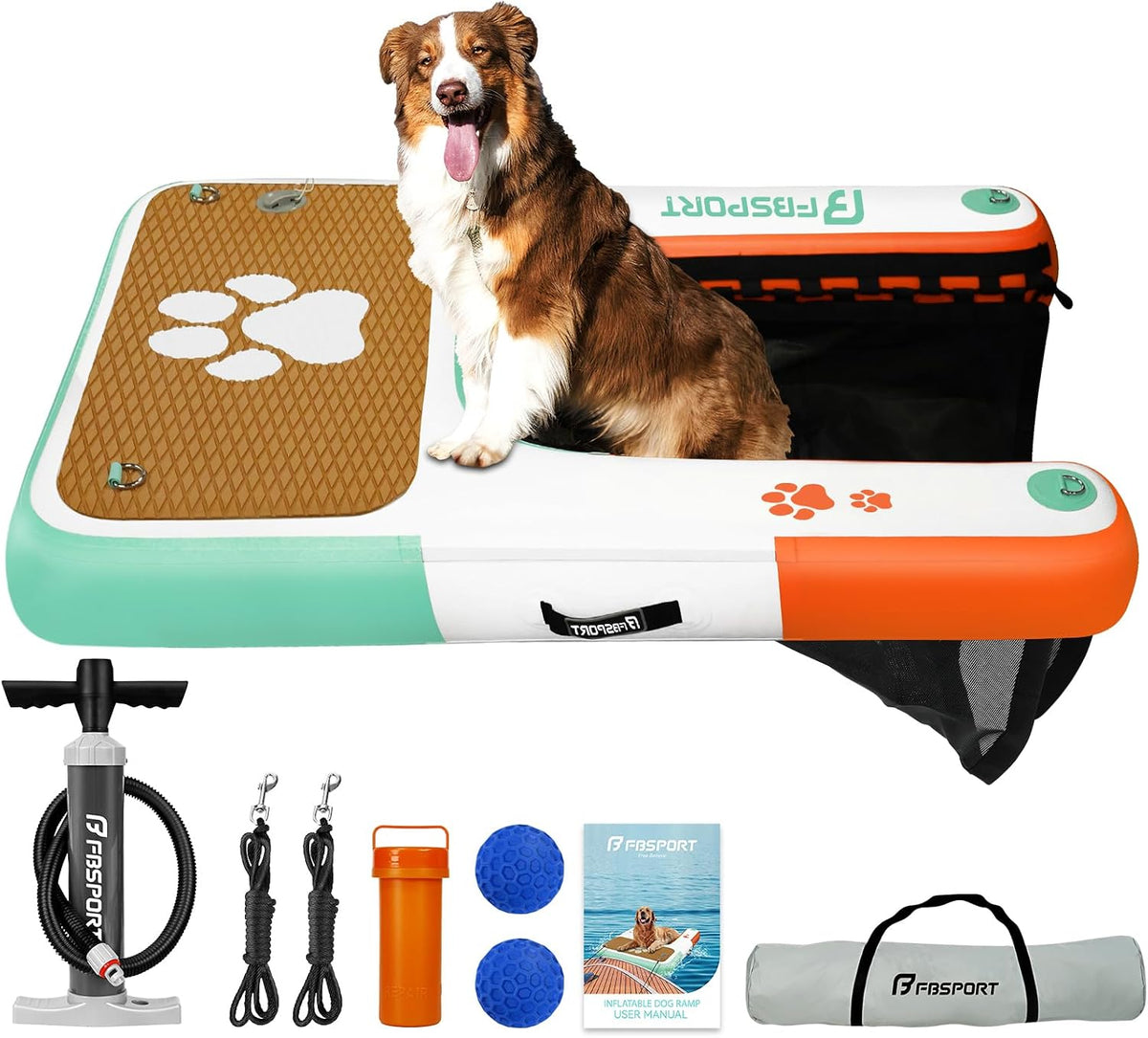 FBSPORT Aufblasbare Hundeboot-Rampe Schwimmende Dock Wasserrampe Leiter für Pool, rutschfeste Eva-Schwimmleiter für Hund bis zu 100 kg, Boot