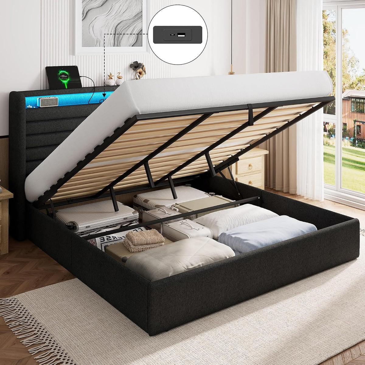 Feonase Bett 180x200 mit Stauraum, Polsterbett 180x200 cm mit LED-Beleuchtung & Ladestation, Ohne Matratze, Lattenrost, Dunkelgrau