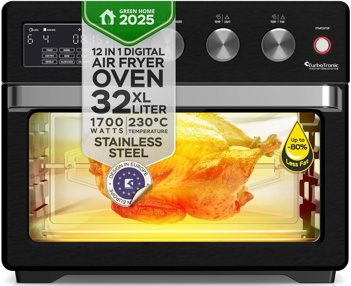 TurboTronic digitaler Heißluftofen, XXL 32 Liter mit Drehspieß für Hähnchen 5 in1 Mini Backofen, Dörrer & Power Heißluftfritteuse Airfryer ab 25°C