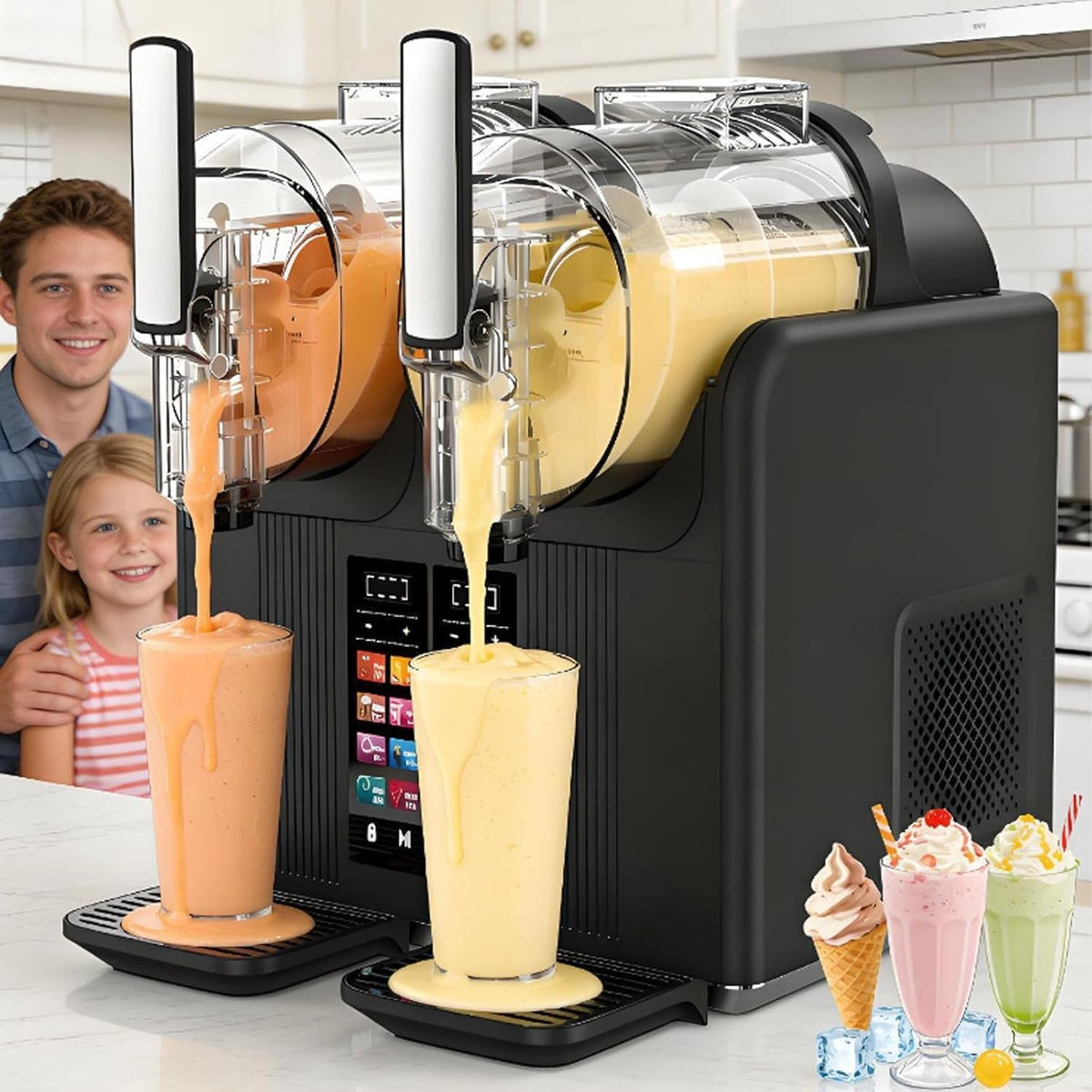 Gewerbliche Slush-Eis-Maschine, 7-In-1-Gerät Für Gekühlte Getränke Und Softeis Mit Selbstreinigung, Zwei 2-Liter-Tanks, 430 W, Für Zuhause