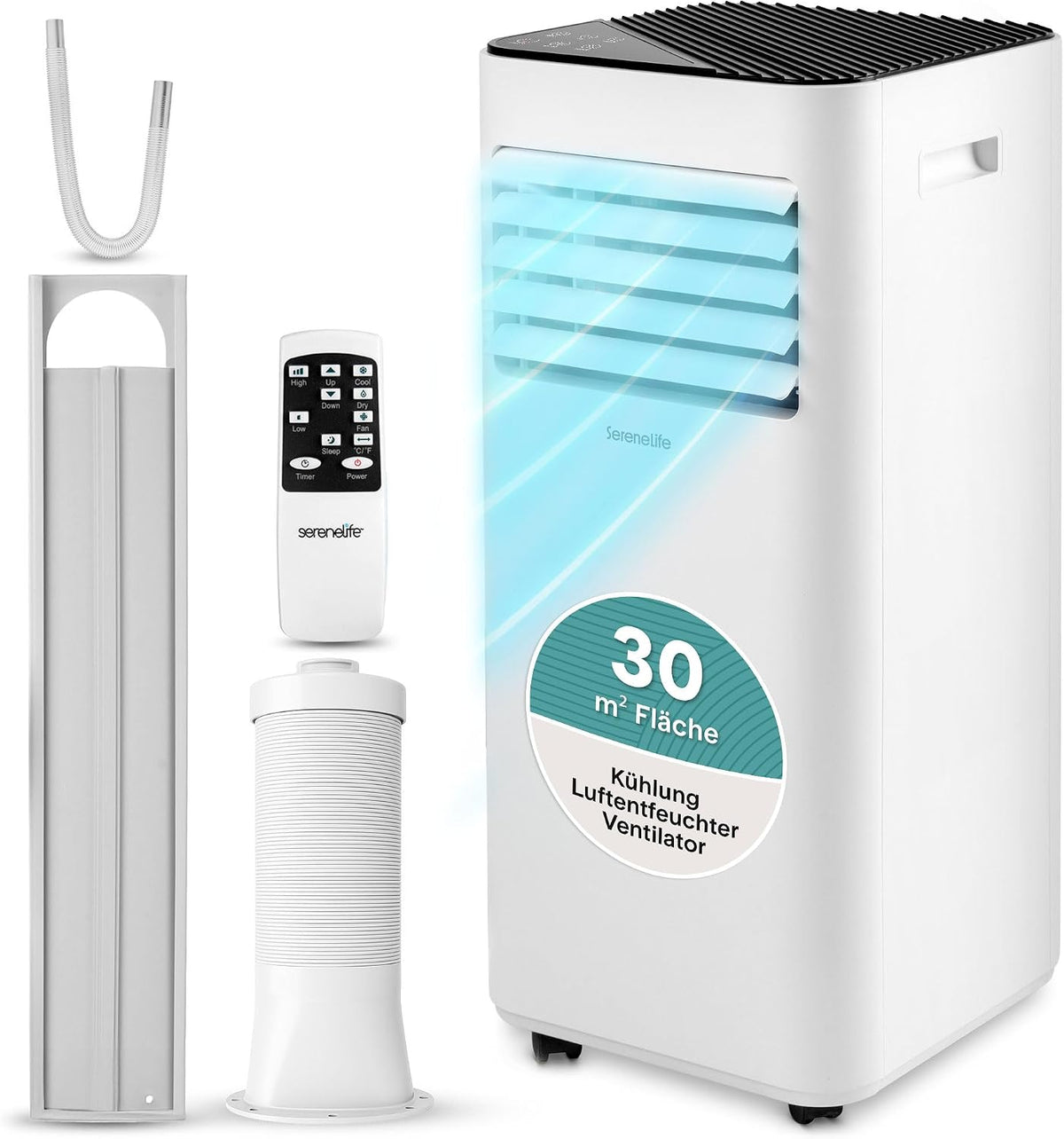 SereneLife Weiß Mobiles Klimagerät 9000 BTU 2,64kW für 28 m², 3-in-1 mit Entfeuchter und Ventilator, Leise 54 dB, Air Conditioner mit Abluftschlauch