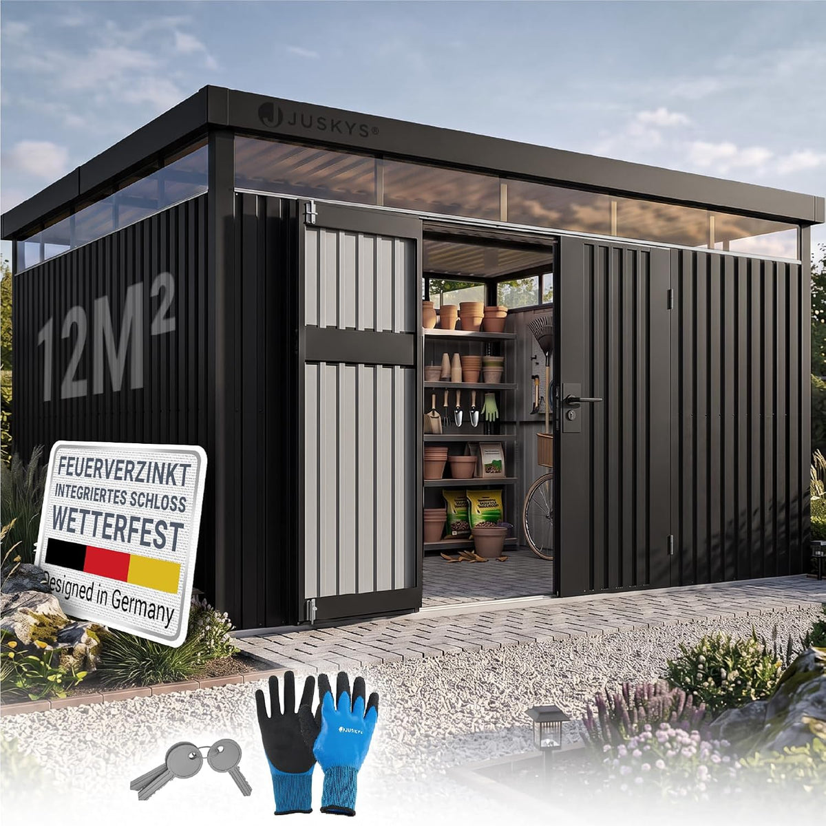 Juskys Gerätehaus Luzern XL, Metall Geräteschuppen mit Türen & Fenstern, 12 m², wetterfest & abschließbar, Fahrradgarage, Gartenhaus, Anthrazit