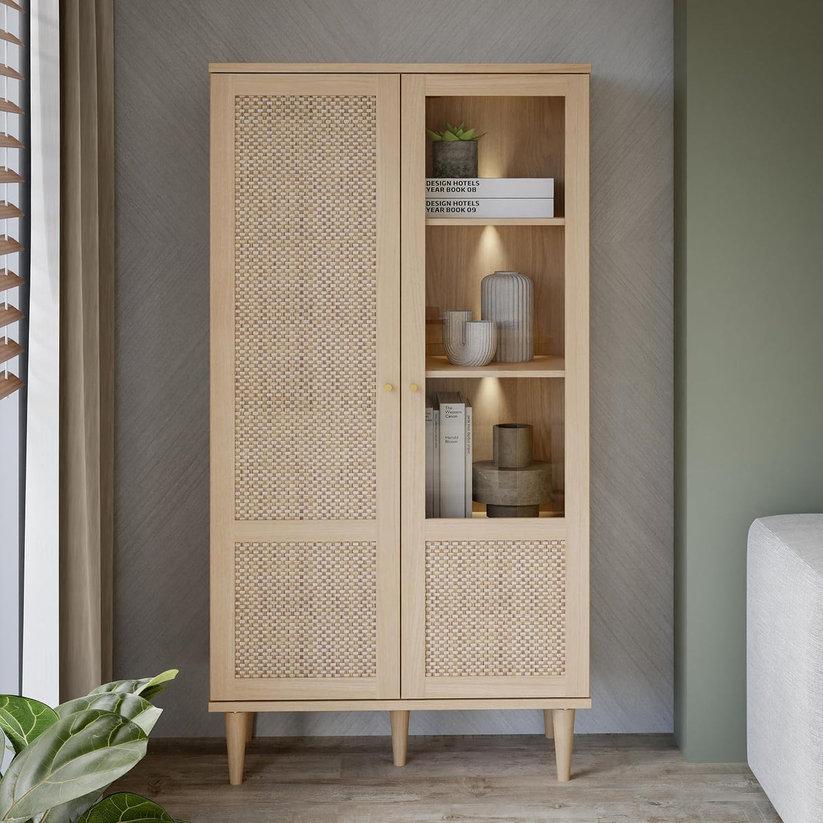 Forte CALASETTA Vitrine 80, 2-türig, 80,1 cm breit x 166,6 cm hoch x 41,4 cm tief, Boho-Vitrinenschrank mit Rattangeflecht, Holzwerkstoff