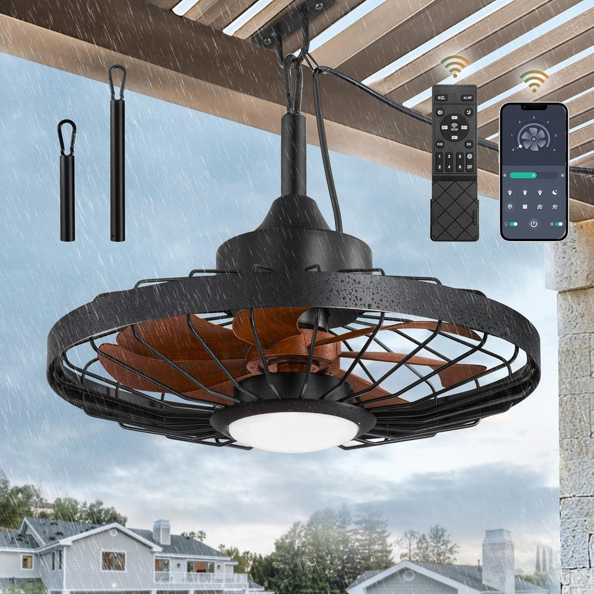Deckenventilator mit Beleuchtung und Fernbedienung IP65 Wasserdicht außen Ventilator Deckenleuchte Leise Dimmbar Ventilator Deckenlampe Moderne Käfig