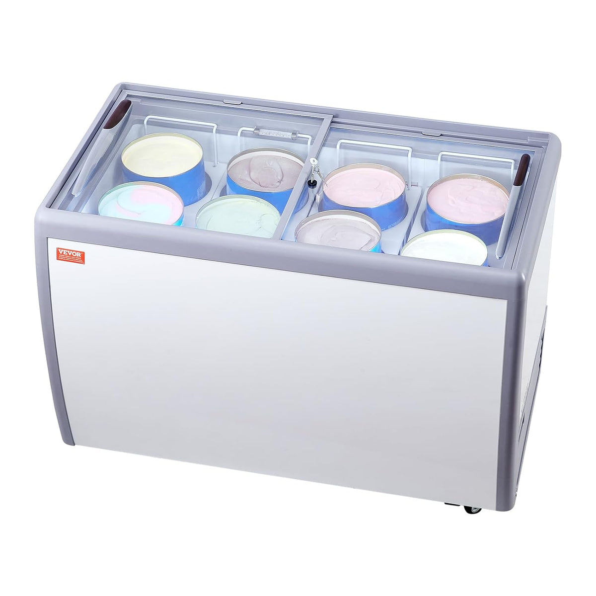 VEVOR Kommerzielle Eiscreme-Vitrine, 370 L Gefriertruhe, Mobiler Tiefkühlschrank mit Glasplatte, Restaurant-Gelato-Tauchschrank mit 8 Großen Behältern