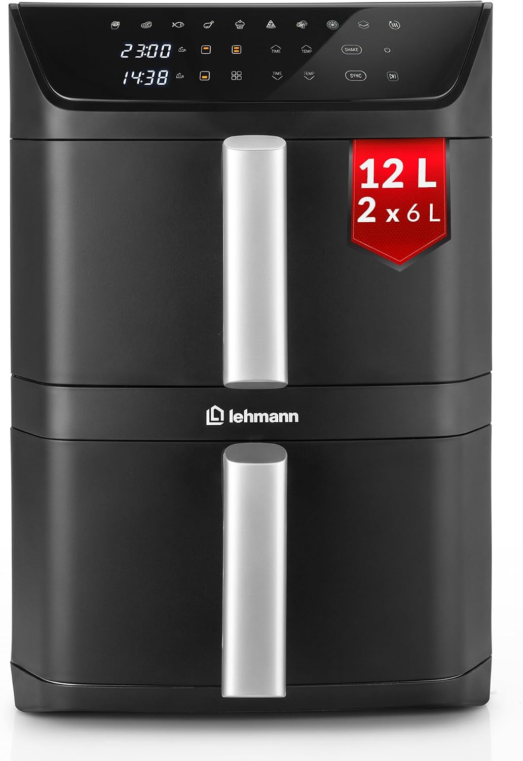 LEHMANN Heißluftfritteuse 2 Kammern XXL 12 L, 40-230°C, 2800 W, ölfrei Airfryer Doppelkammer für große Familie, 2 vertikale Schubladen, 10 Programme