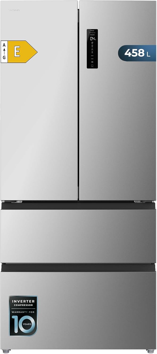 Cecotec Kühlschrank für französische Tür, Total No Frost Bolero CoolMarket F2D 458 SBI Inox E. 458 Liter, Höhe 189 cm und 83 cm Breite, 4 Türen