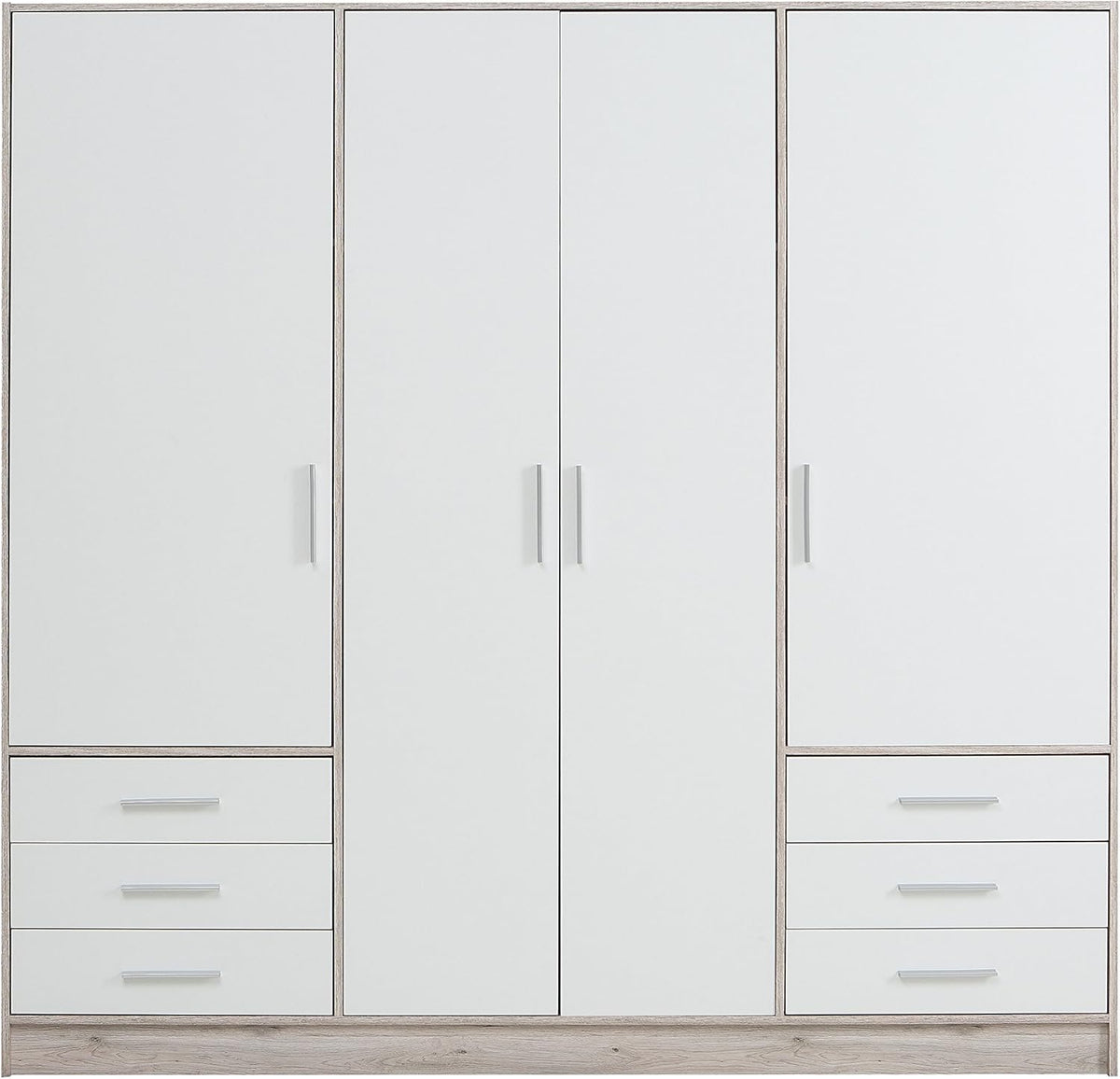 FORTE Jupiter Schrank 200 210, 4-türig, 206.5 cm breit x 60 cm tief x 200 cm hoch, mit 6 Schubladen und Einlegeböden, Weiß mit Holz Dekor: Sandeiche