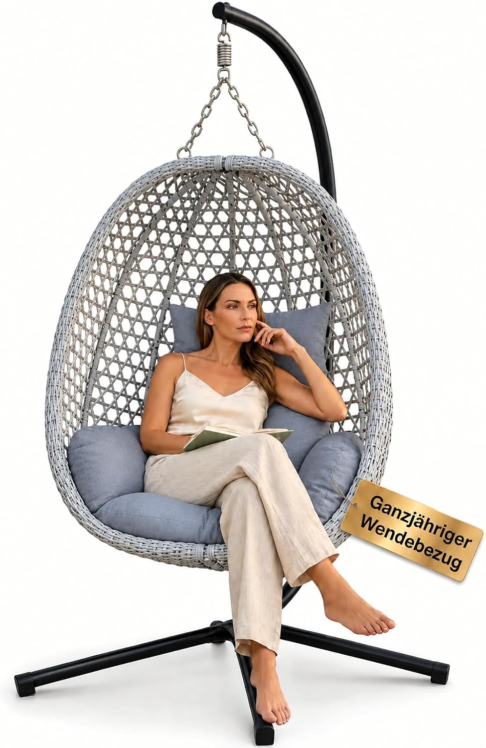 Luxus Hängesessel mit Gestell für Outdoor & Indoor, bis 150 kg belastbar, Ganzjähriger Loungesessel mit Sommer-/Winter-Wendebezug, faltbar, Grau