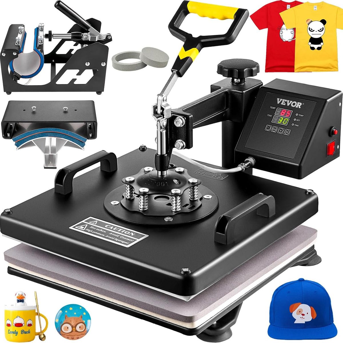 VEVOR 5 in 1 Heißpresse Heat Press für Textil Transferpresse Textilpresse mit Plattenpresse von 38 x 38 cm, Textildruckpresse von 1000 w, Mützen