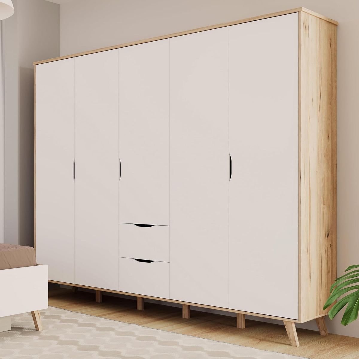 Forte VANKKA Kleiderschrank 230, Skandi Schrank mit 5 Drehtüren und 2 Schubladen, 228,8 cm breit x 201,5 cm hoch x 52,7 cm tief, Filigrane Möbelbeine
