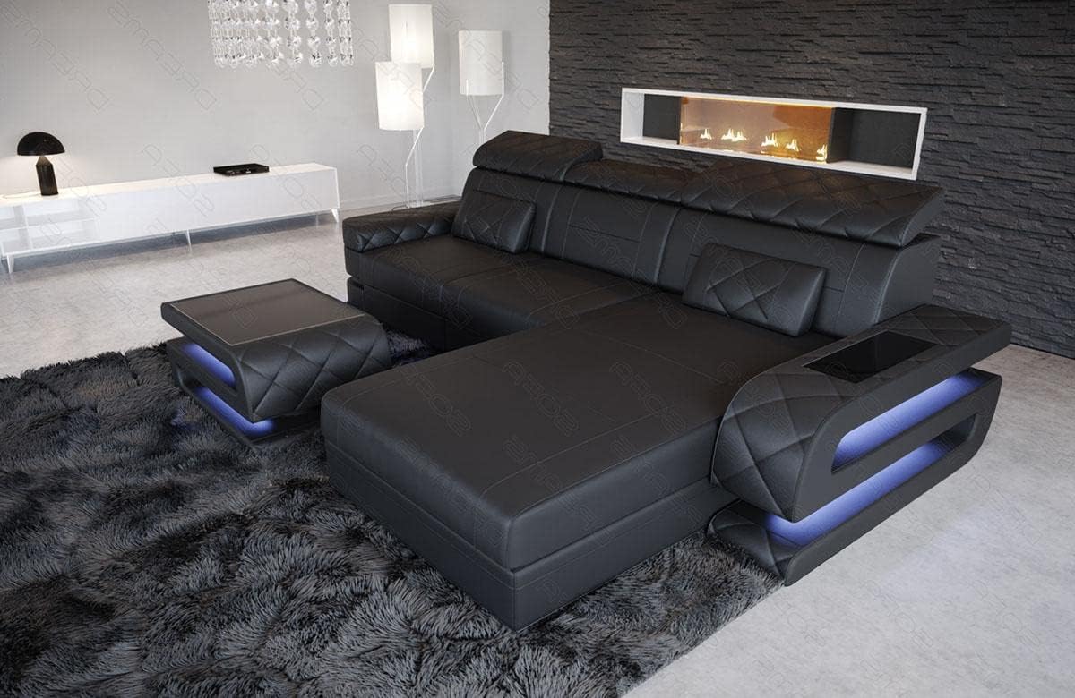 Sofa Bologna als Ecksofa in der L-Form Ledersofa mit USB-Anschluss Stauraum Beleuchtung Kopfstützen Designersofa Couch (Ottomane rechts