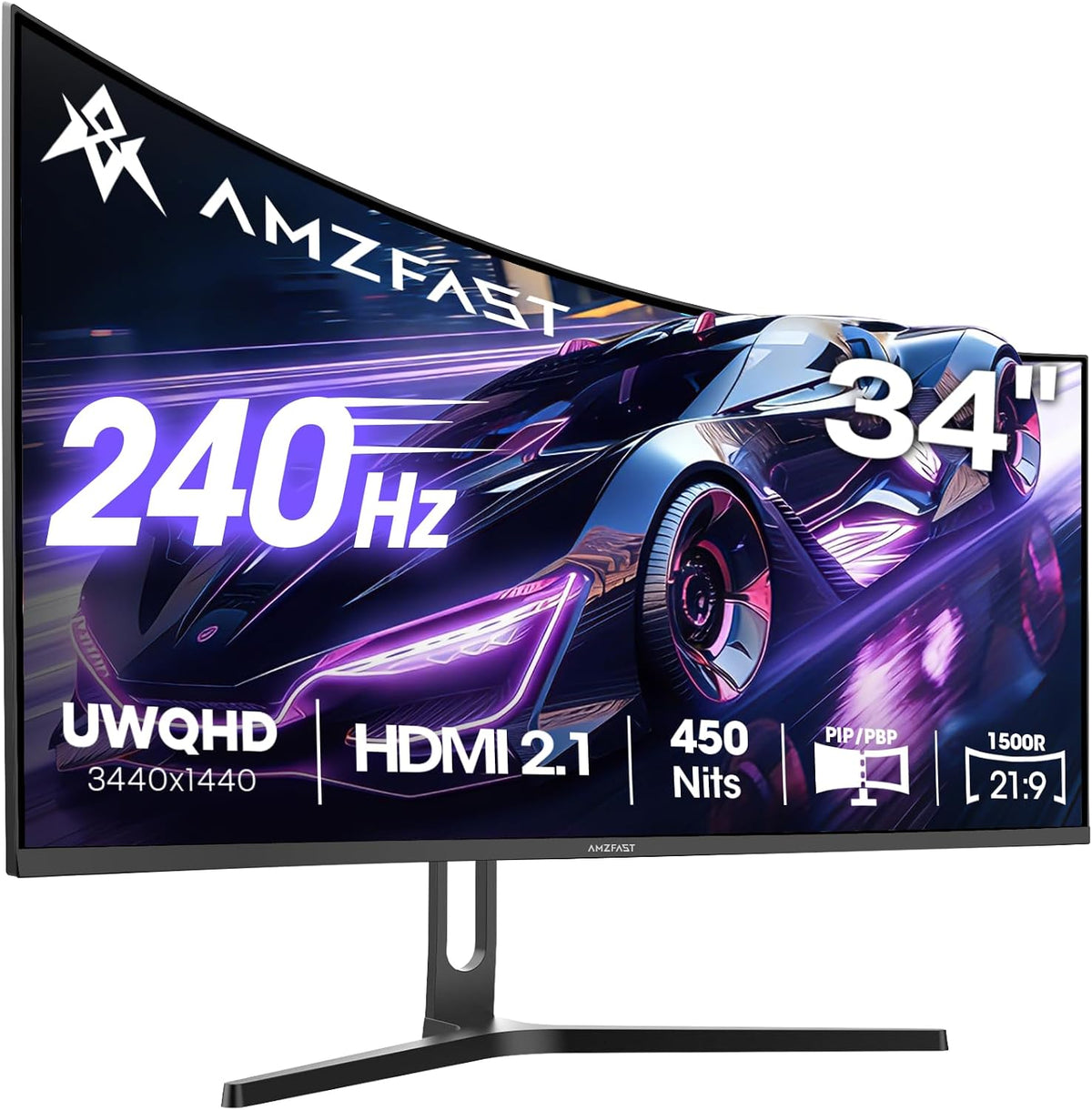 Amzfast 34 Zoll Curved Gaming Monitor, 240Hz, 3440x1440 UWQHD, 1500R VA Curved, 450cd/m², HDMI2.1&DP1.4, VESA75x75, AMZG34C5QPro, 1ms MPRT, 21:9
