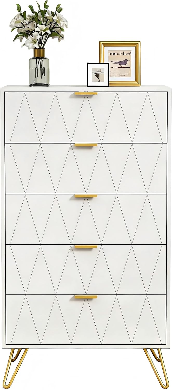 UEV Kommode mit 5 Schublanden, 60 x 34 x 110cm Sideboard Modern (Weiß)