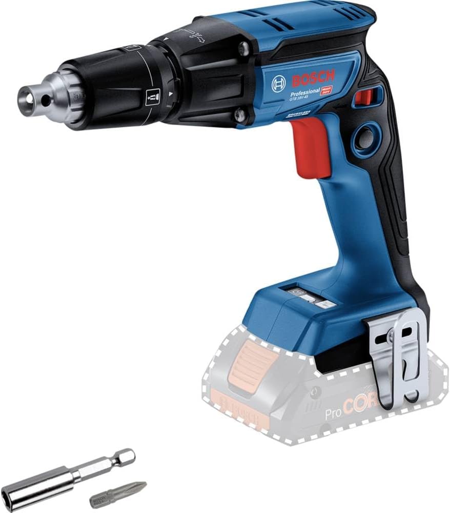 Bosch Professional 18V System Akku Trockenbauschrauber GTB 18V-45 (inkl. 1x Schraubendrehereinsatz, ohne Akku/ Ladegerät), 1x Gürtelclip, 1x Bithalter