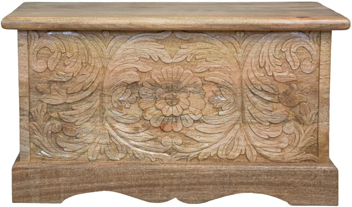 Indische Holztruhe Wäschetruhe Rustikale Truhe Kiste Box Holz Indien Massiv Antik-Optik Braun Natur 80cm