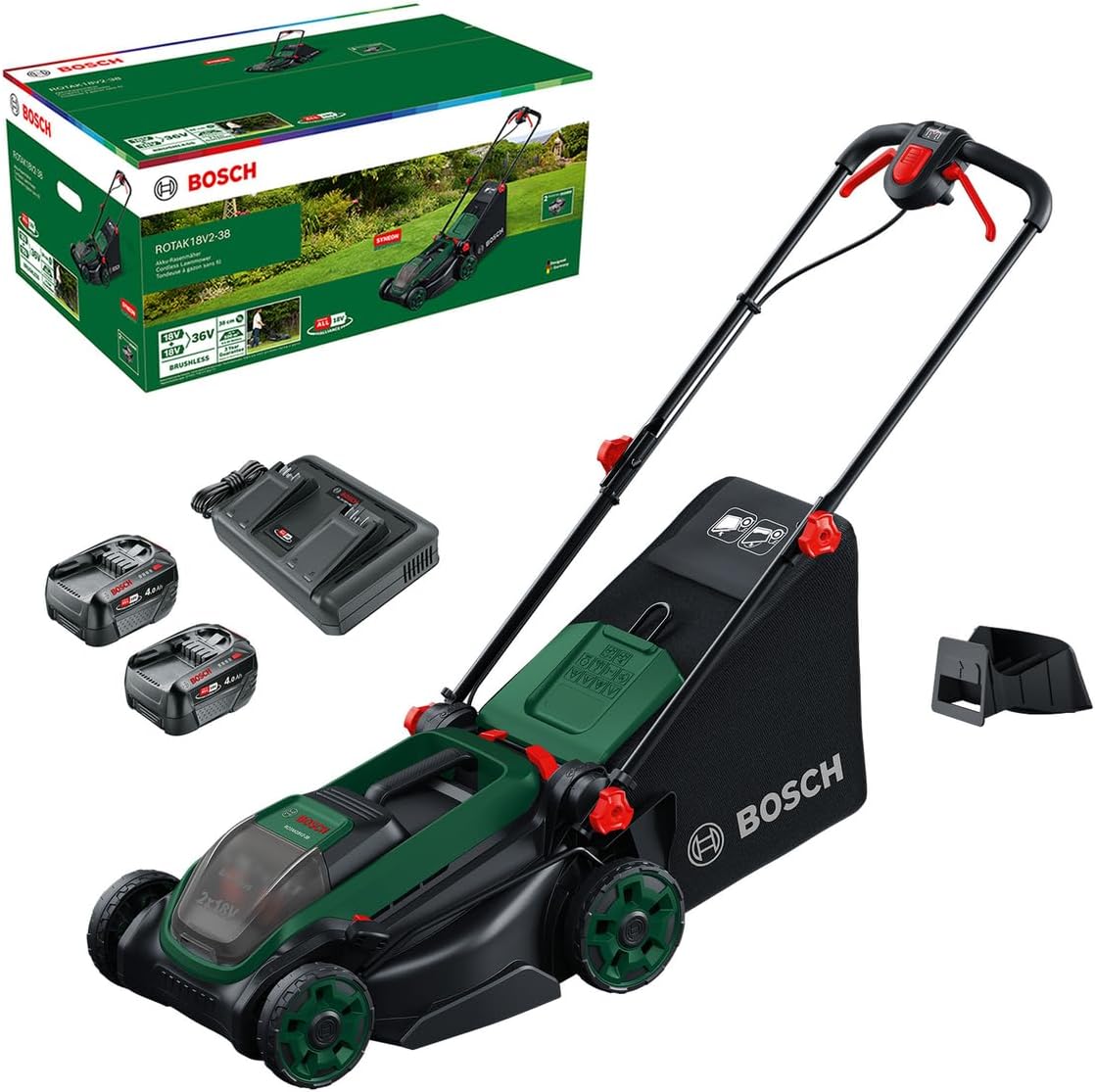 Bosch ROTAK18V2-38 Akku-Rasenmäher (Schnittbreite: 38 cm, Schnitthöhe: 30-75 mm, 40 l Stoff-Grasfangkorb, inkl. 2 x 18V Akku und Ladegerät)