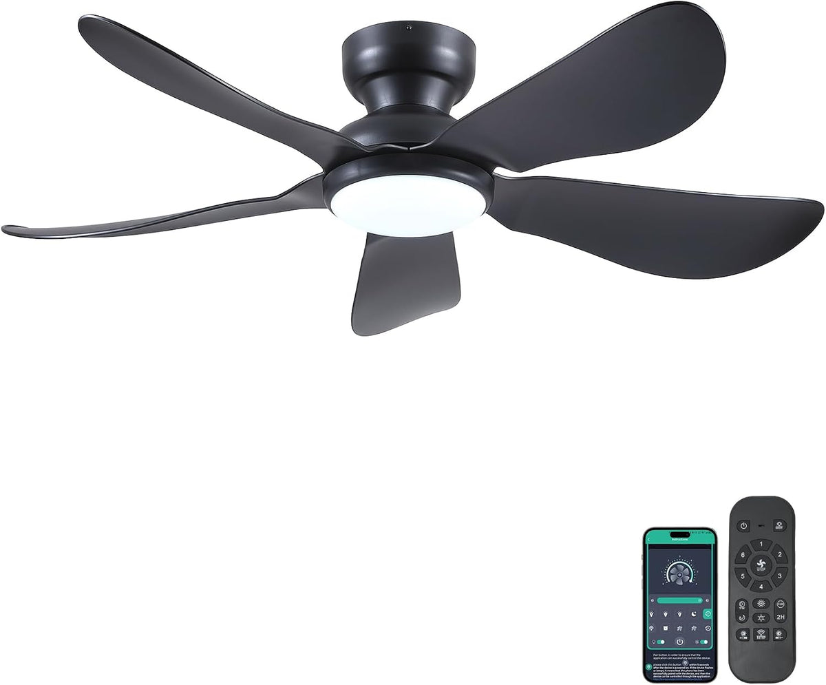 Kviflon Moderner Deckenventilator mit Licht, 117cm, für Schlafzimmer, Fernbedienung/APP-Steuerung, 5 Umkehrbare Klingen, 3 CCT Dimmbar, Schwarz