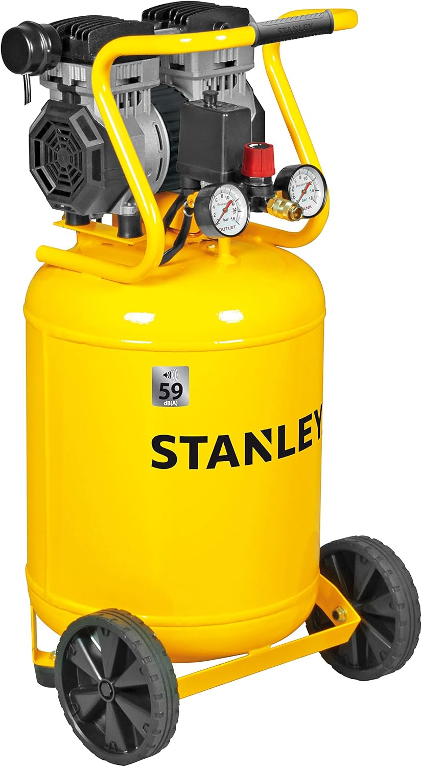 Stanley Kompressor 230V SXCMS1350VE, 59dB, 150L/Min, Luftkompressor 8Bar, 50L, mit Handgriff und Rädern, Geräuscharme Luftpumpe, Ölfrei, Gelb