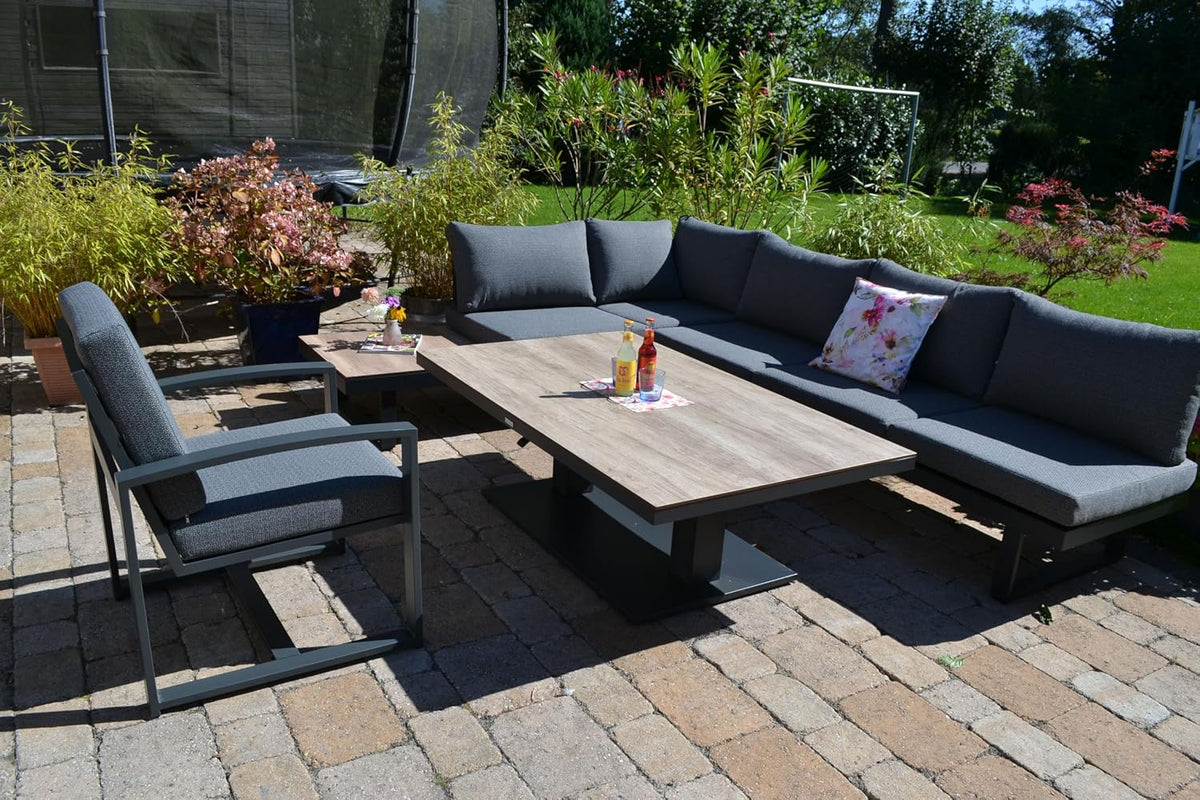 bomey edle Ecklounge Gartenlounge Baltimore I 150x90cm unempfindlicher HPL Lift Tisch höhenverstellbar + 1 Lounge Sessel