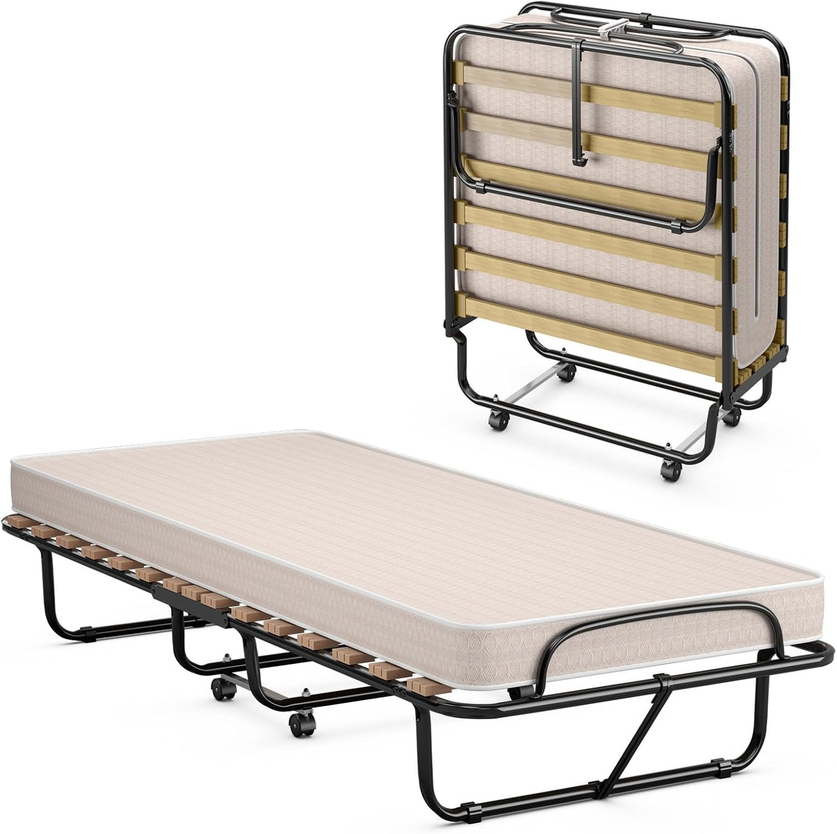 COSTWAY 80x190cm Gästebett mit Matratze aus Rückstellschaum, Stabiler Metallbett bis 130kg belastbar, Tragbares Bett, Klappbares Einzelbett, Beige