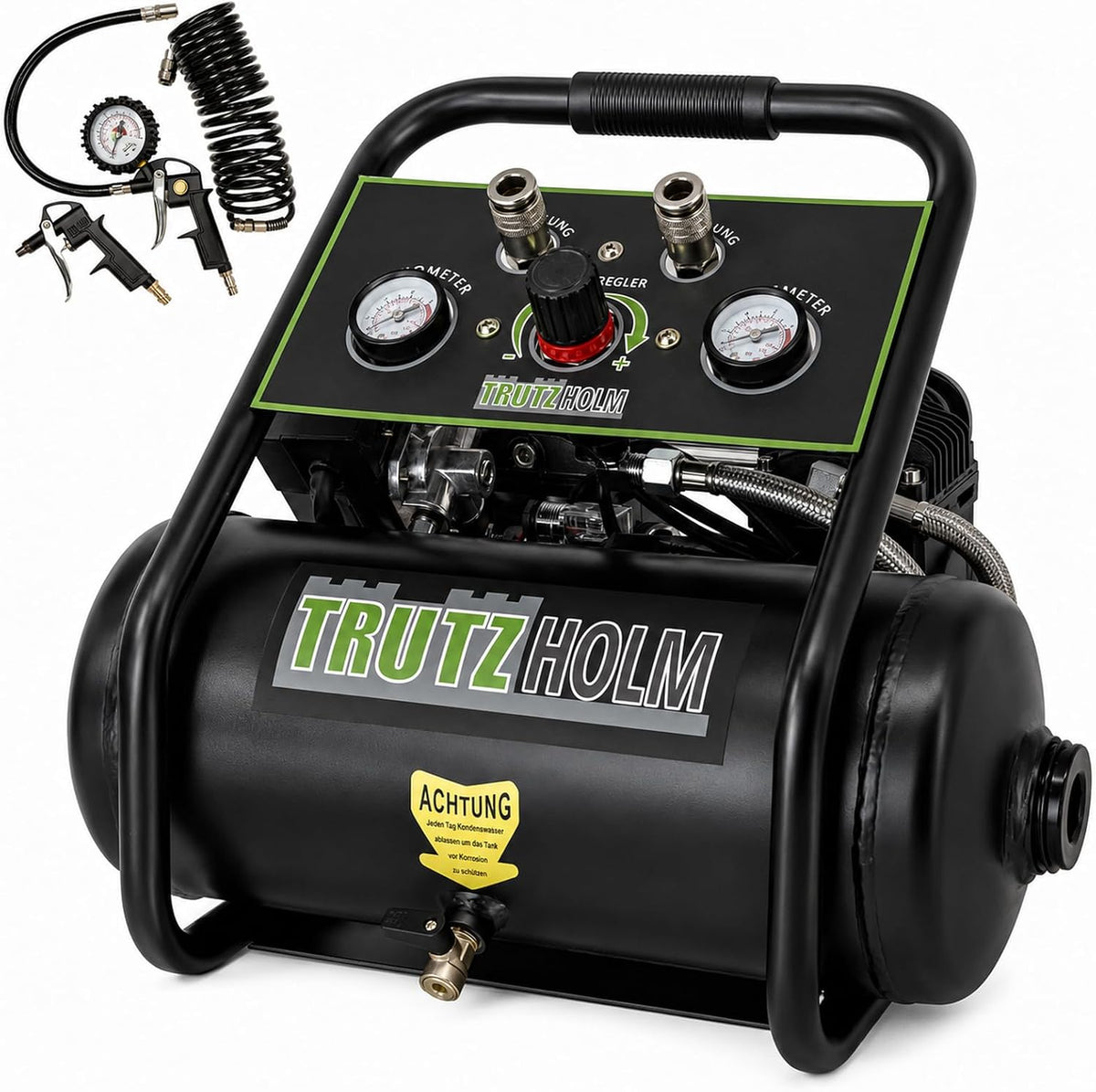 TRUTZHOLM Brushless Silent Flüsterkompressor innenbeschichtet 900-4500W silent leise 57-62dB Druckluft, Ansaugleistung 128-738 L/Min (9 Liter), ölfrei