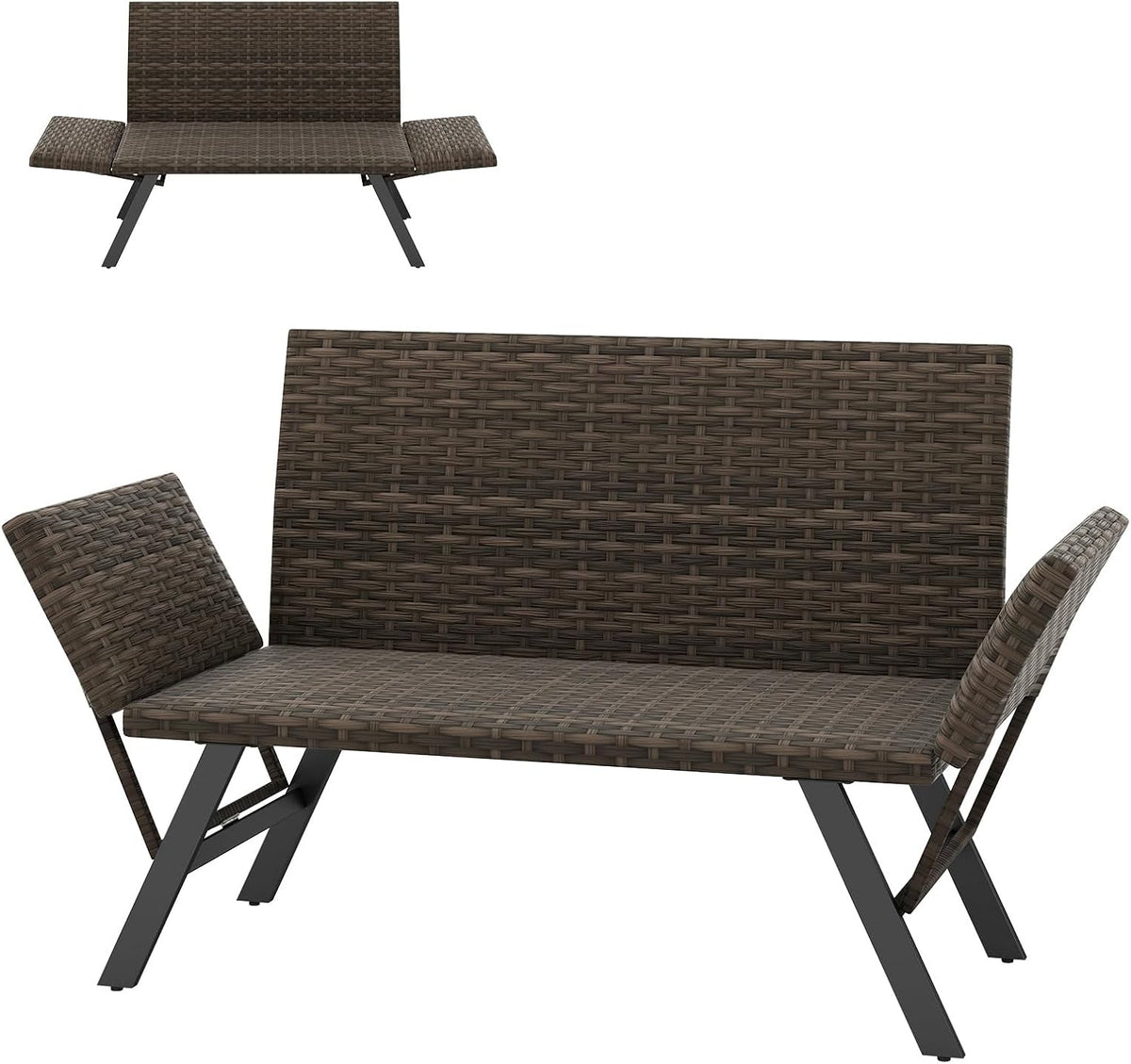 GIANTEX Rattan Gartensofa Gartenbank mit Liegefunktion, Outdoor Liegesofa mit klappbaren Seitenlehnen, Balkonmöbel Balkonliege Bank