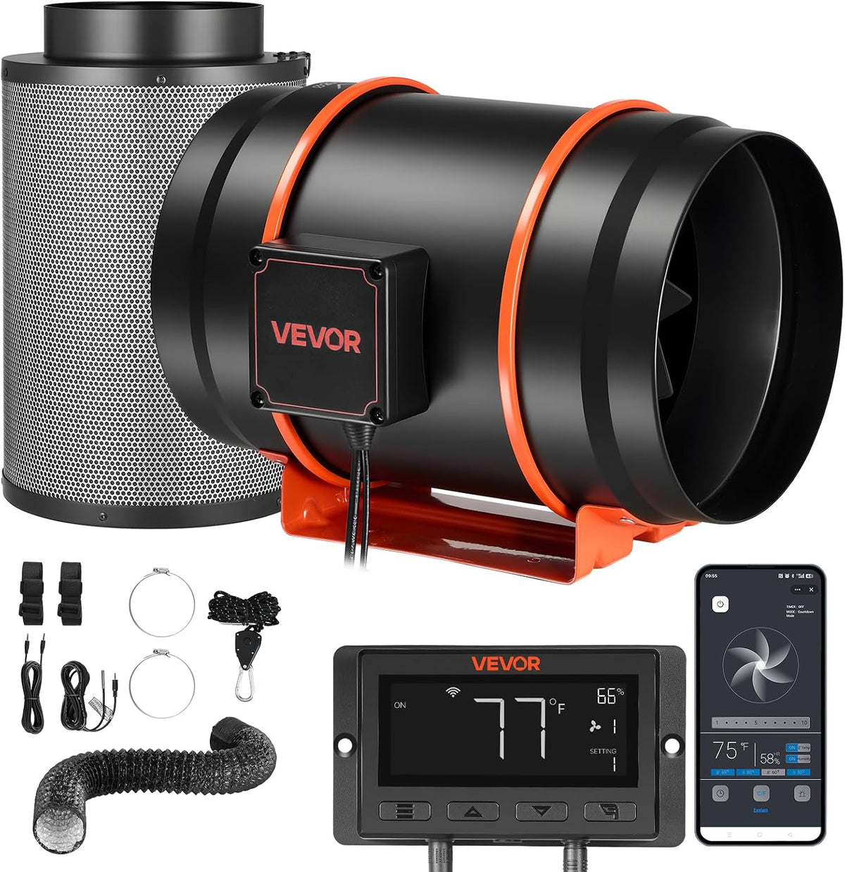 VEVOR 203mm Rohrventilator mit Kohlefilter, 1372m³/h Inline-Rohrlüfter mit PWM & App-Steuerung, Kanalventilator mit 10 Stufen 9h Timer & EC-Motor