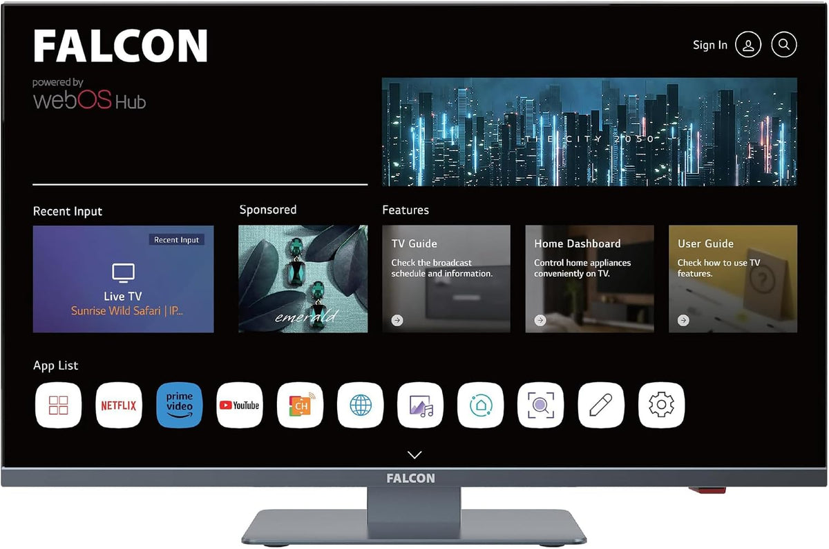 Falcon 22 Zoll Full HD LED Fernseher LG WebOS SMART WiFi Camping Wohnmobil 12V/24V, DVD Player, Bluetooth, HDMI, USB, Paramount Plus, Magenta, Netflix