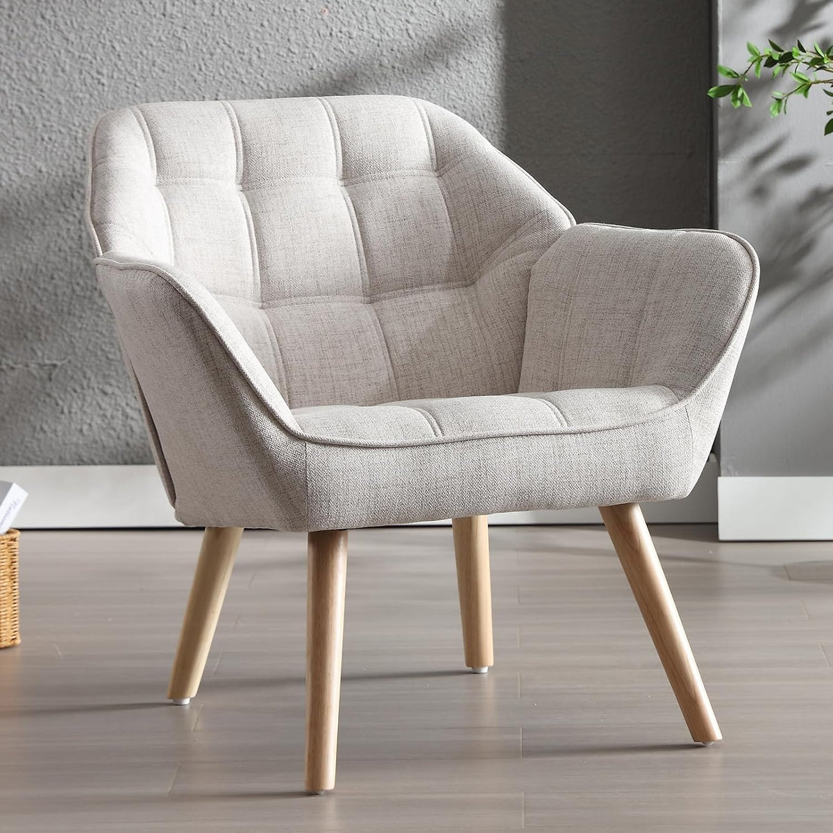 Ya-Home Sessel Wohnzimmer Ohrensessel mit Holzbeinen, Leinen, Beige