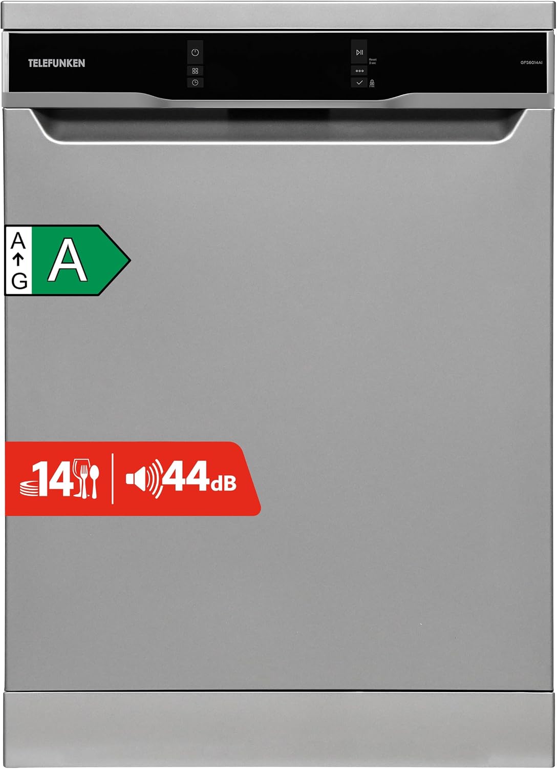 Telefunken Geschirrspüler 60 cm, GFS6014AI, 44 dB, Spülmaschine freistehend, 14 Maßgedecke, 9 Programme, AquaStop, EEK A, Startzeitvorwahl, Auto-Door