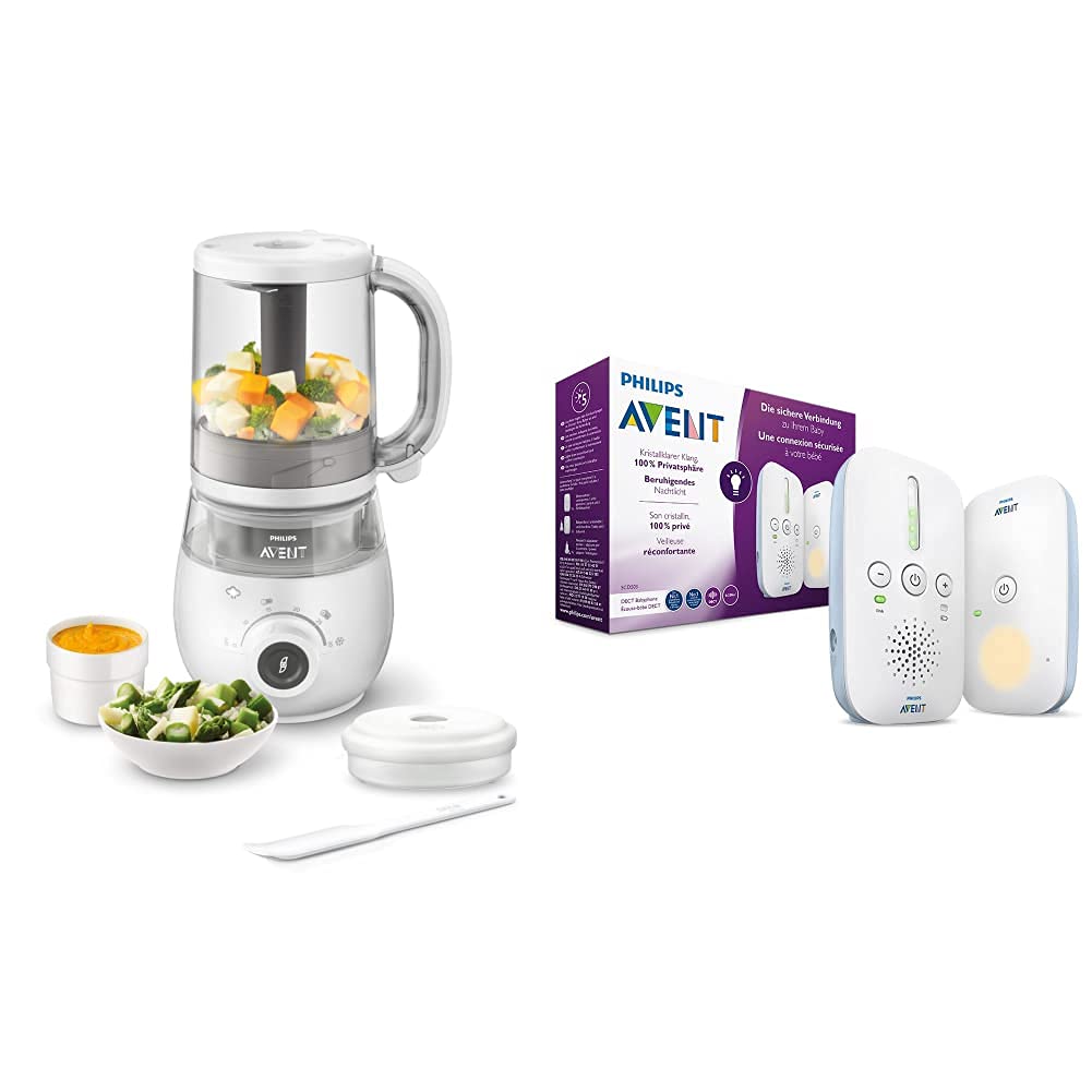 Philips Avent 4-in-1-Babynahrungszubereiter SCF883/01, 1000ml Kapazität, weiß & Audio Babyphone SCD503/26, Dampfgarer, Dampfgaren, Mixen, weiß