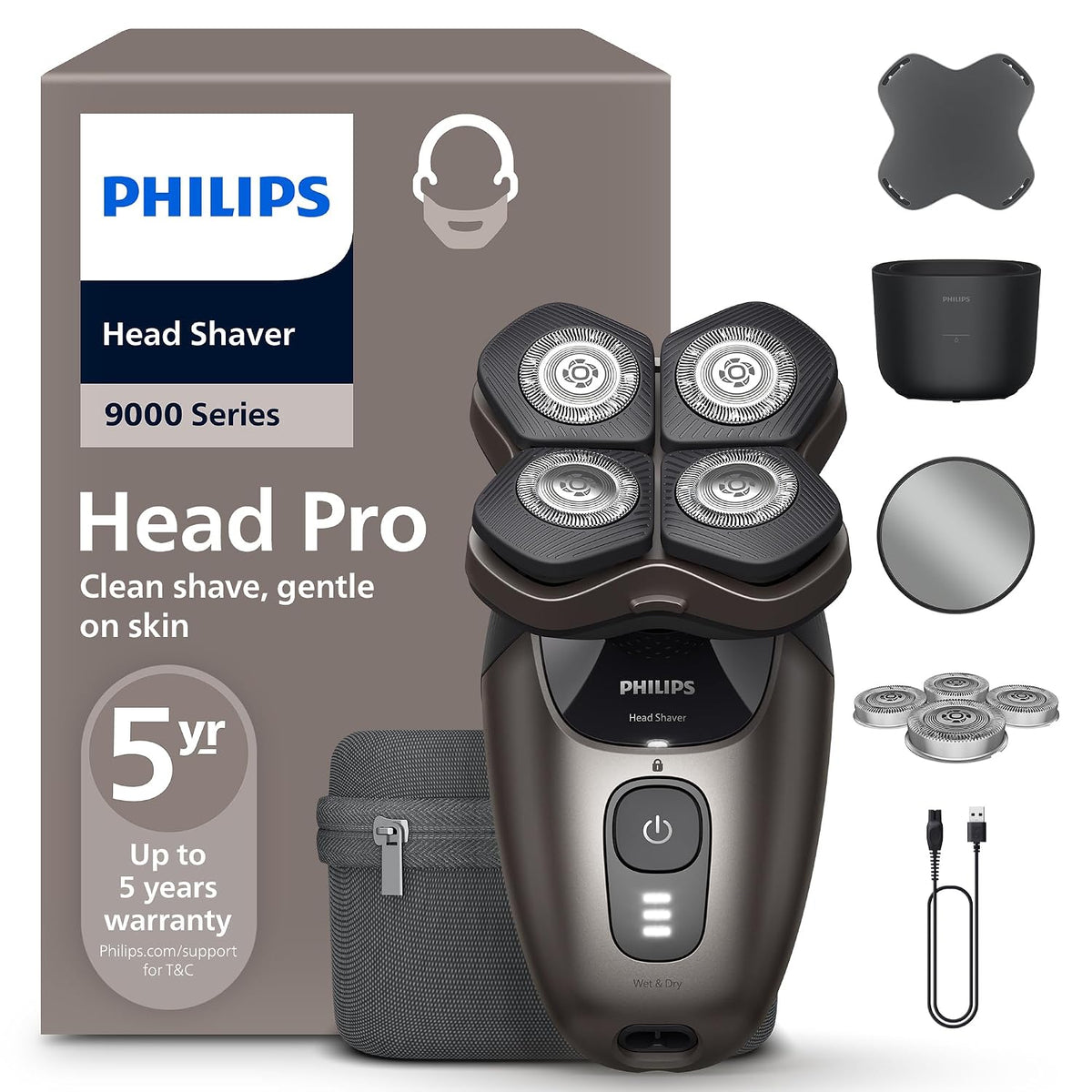 PHILIPS Head Shaver Pro Series 9000, Modell HS9980/15, elektrischer Rasierer mit flexiblem 360grad-Scherkopf und ComfortCut-Klingen, sanft zur Haut
