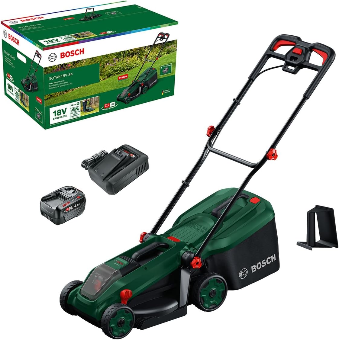 Bosch ROTAK18V-34 Akku-Rasenmäher (Schnittbreite: 34 cm, Schnitthöhe: 25-65 mm, 35 l Stoff-Grasfangkorb, Mulchstopfen, inkl. Akku und Ladegerät)