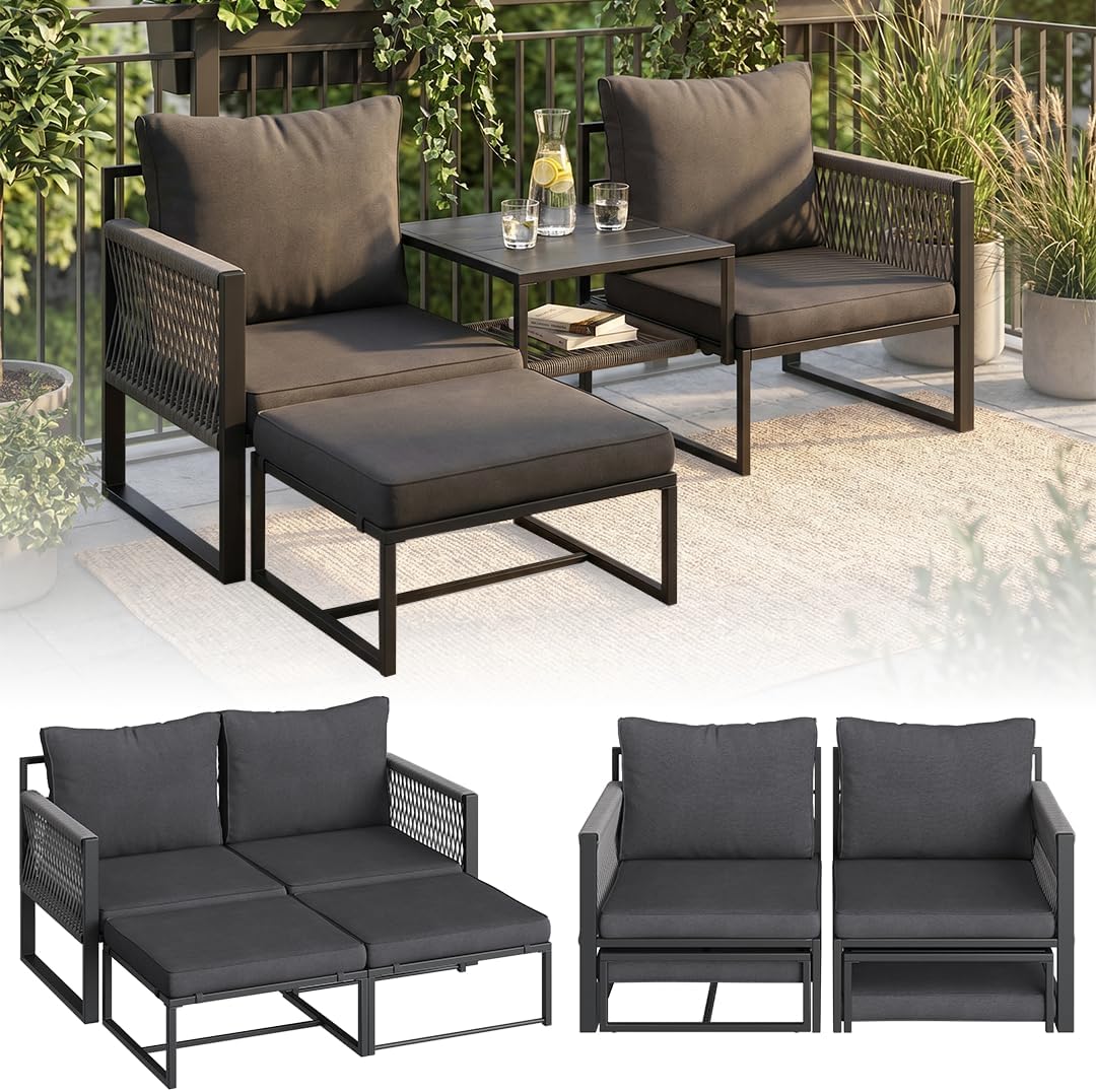 STEELSØN Tyranis Gartenmöbel Set Outdoor 4-TLG inkl. Tisch mit Ablage & Hocker, Sitzgarnitur Sessel für 4 Personen, dick gepolstert, Metall schwarz