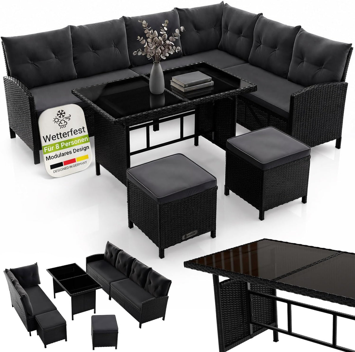Juskys Polyrattan Lounge Manacor mit Ecksofa, Esstisch, 2 Hocker & Kissen, wetterfest bis 7 Personen, Bezüge waschbar, Schwarz/Grau