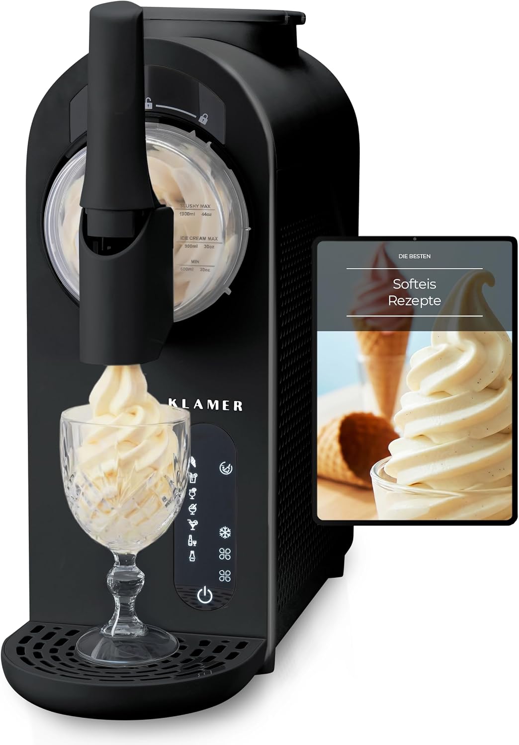 KLAMER Softeismaschine, 1,5L Fassungsvolumen Automatische Reinigung, Eismaschine & Slush Maschine mit 7 Programmen: Softeis, mit digitalem Rezeptbuch