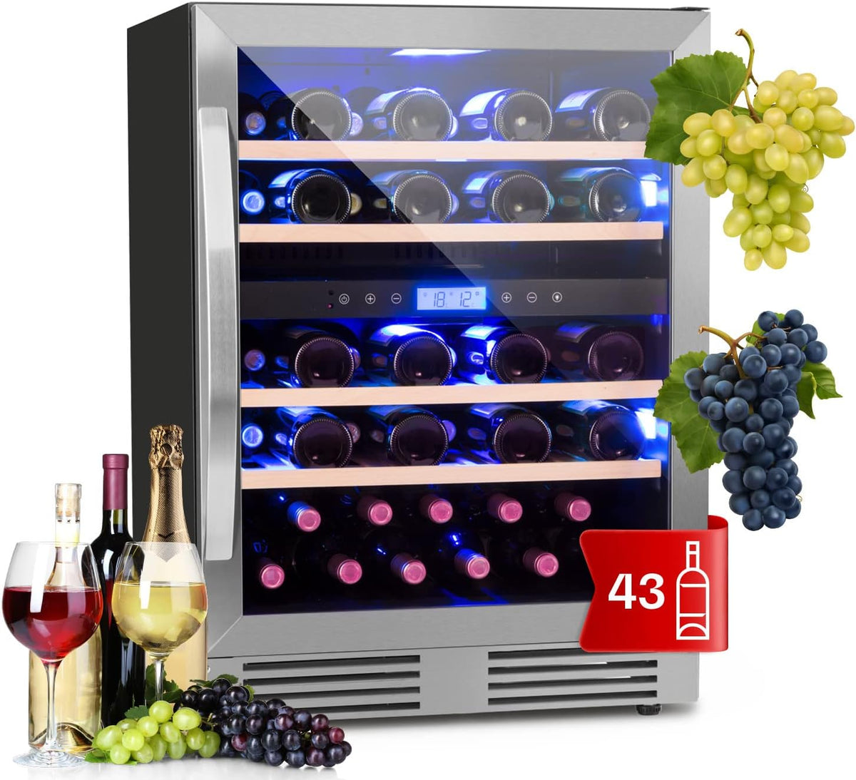 Klarstein Einbau-Weinkühlschrank, Kleiner Weinschrank 129L, Wein-Kühlschrank Klein mit Glastür, Wine Fridge für 43 Flaschen